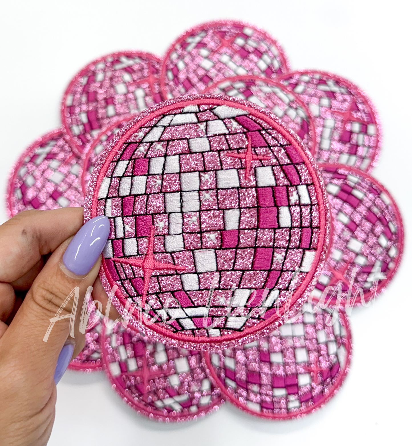 ABLN Boutique - 3.15” Pink glitter disco ball embroidery patch iron on 