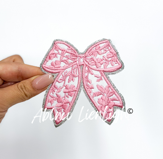 ABLN Boutique - Pink floral grand millennial bow glitter embroidery patch