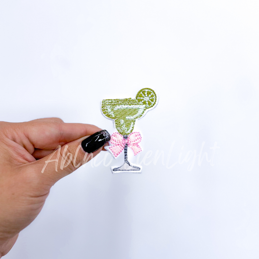 ABLN Boutique - Dainty small margarita glass bow embroidery patch iron on