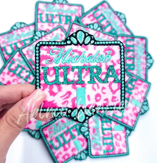 ABLN Boutique - Michelob ultra pink cheetah glitter embroidery patch iron on