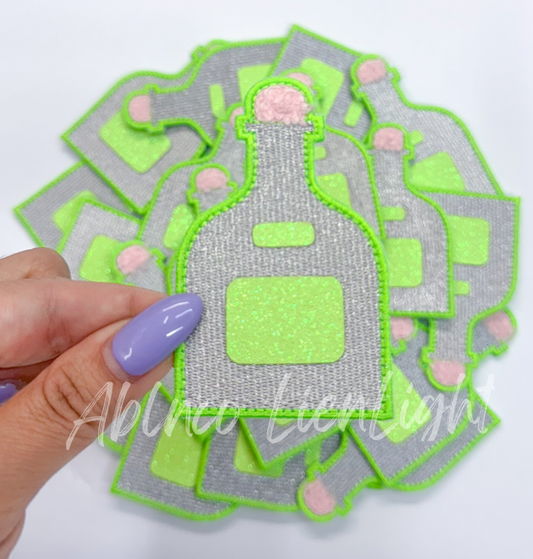 ABLN Boutique - Tequila bottle neon green glitter embroidery patch iron on 