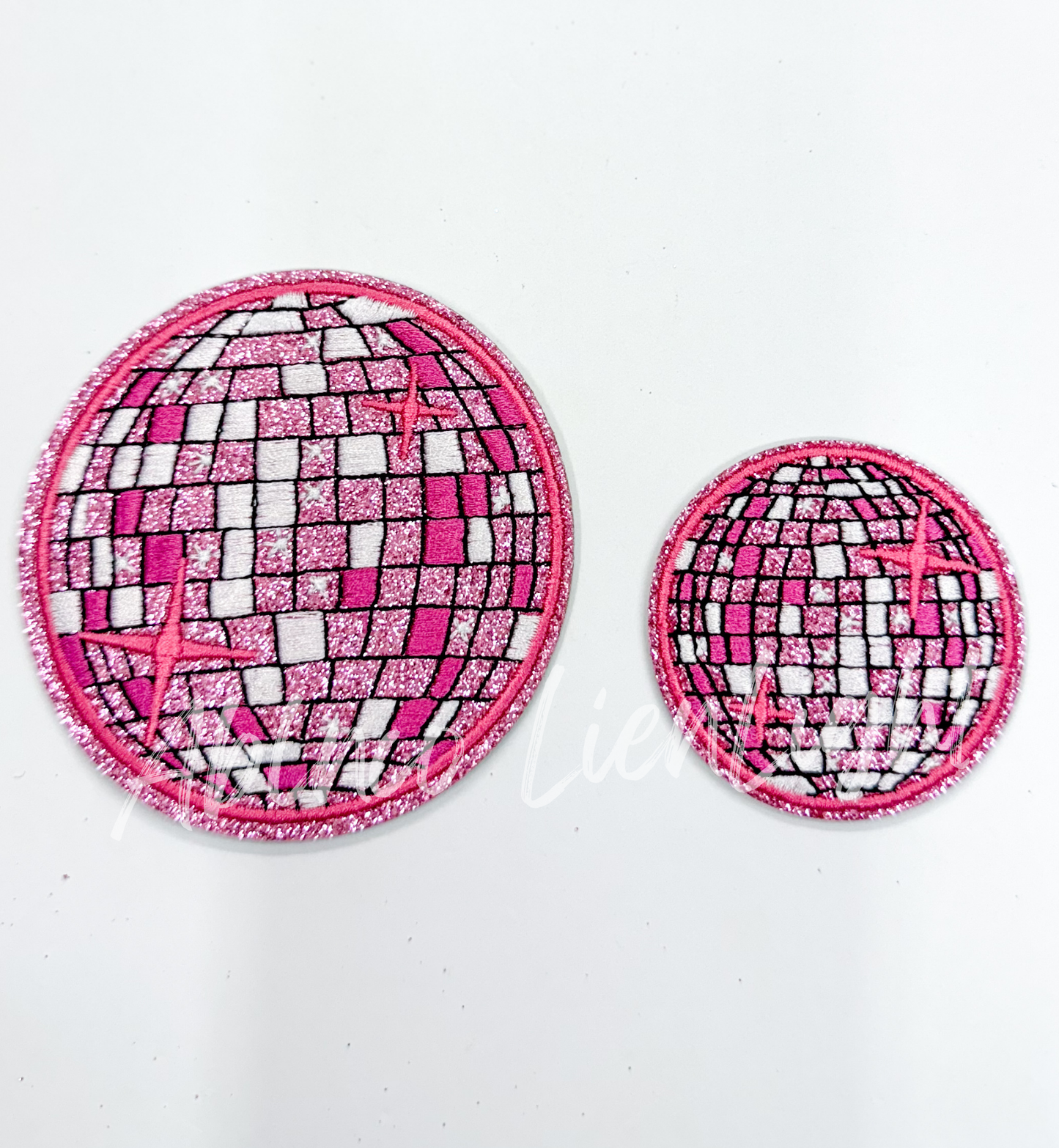ABLN Boutique - 3.15” Pink glitter disco ball embroidery patch iron on 