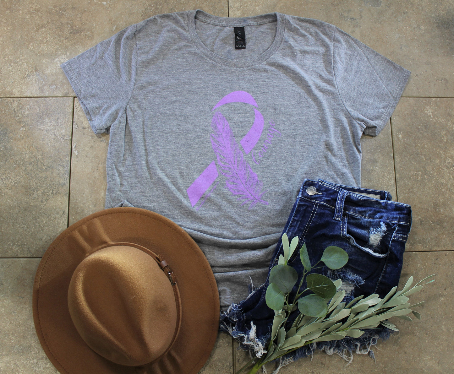 Courage Feather Ribbon Relay For Life T-Shirt-Heather Grey