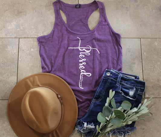 Blessed Cross Tank Top-Heather Maroon